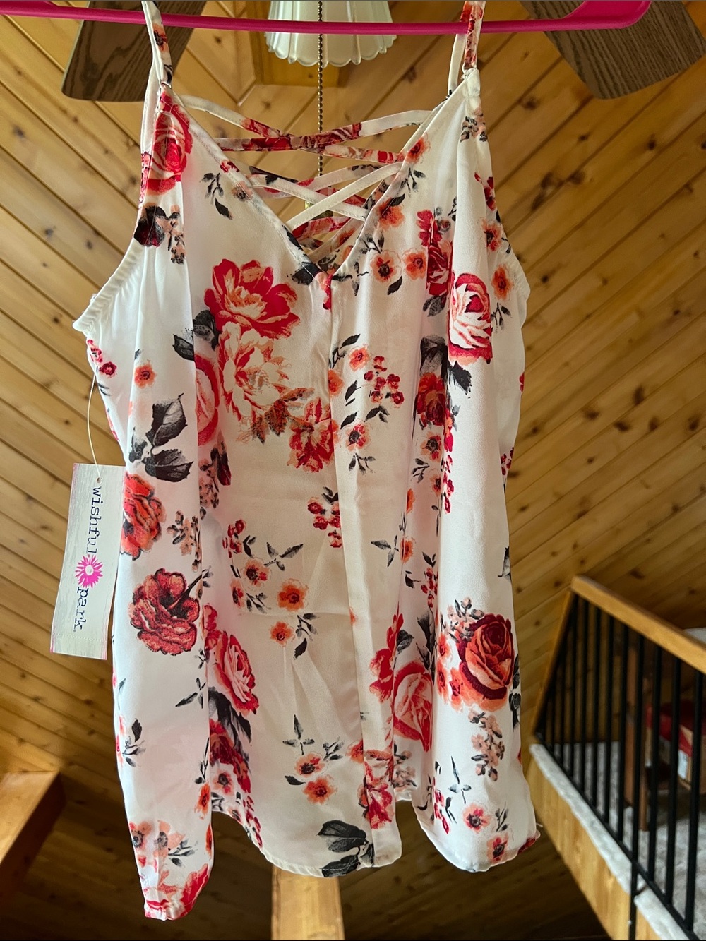 Wishful Park White Floral Crisscross Strappy Camisole with Red & Pink Blooms